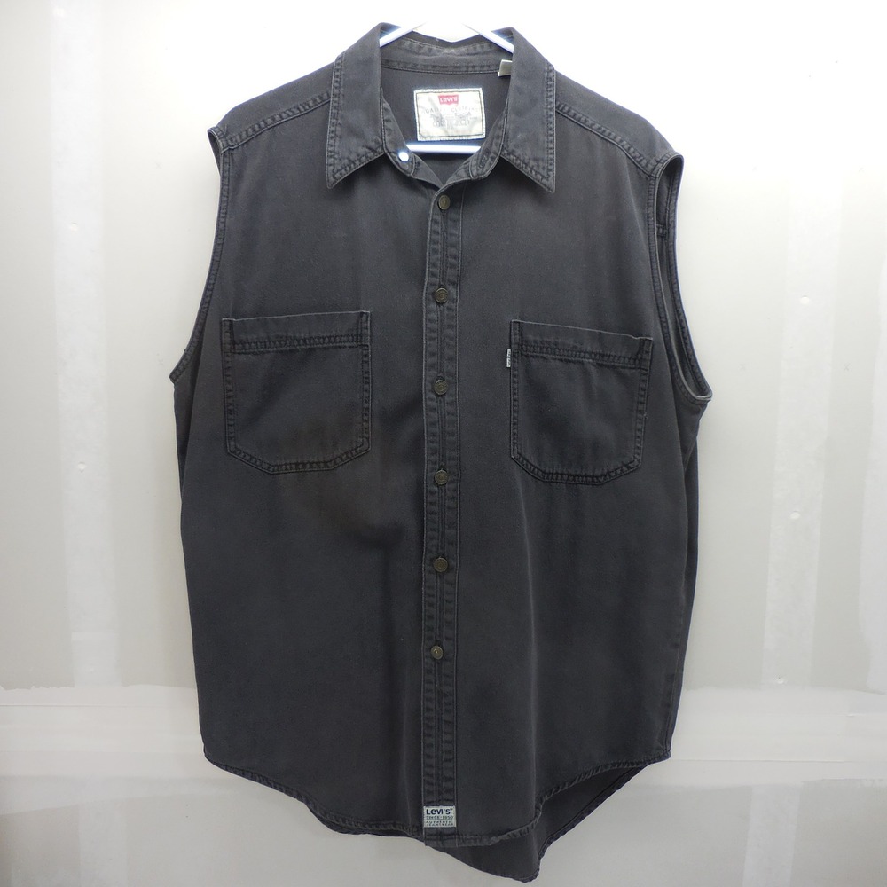 Levis Mens Large Sleeveless Denim Shirt Faded Black Button Down Cotton 2929